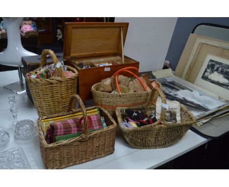 Sewing Work Box &amp; Four Baskets of Assorted Sewing Accessories, Fabrics etc