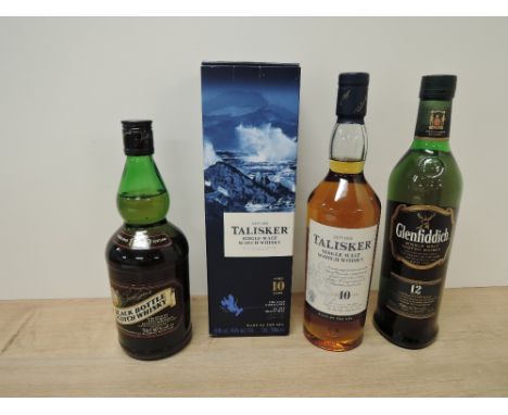 Three bottles of Whisky, Talisker 10 Year Old Single Malt Scotch Whisky, 45.8% vol, 70cl in card box, Glenfiddich 12 Year Old