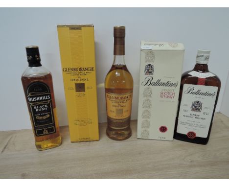 Three bottles of Whisky, Glenmorangie 10 Year Old Highland Single Malt Scotch Whisky, 40% vol, 70cl in card box, 1980's Balla