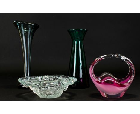 A Collection Of Scandinavian Glass comprising four items to include, pressed glass art bowl of organic form, 2.25 inches high