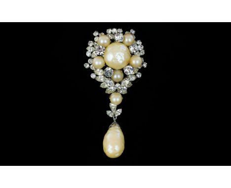 A Vintage Christian Dior Faux Pearl And Crystal Set Statement Brooch Large silver tone brooch set with multiple circular and 