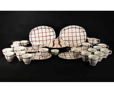 Midwinter Homeweave Red Pattern Assorted Pieces. (28) Twenty eight pieces in total. Includes cups, Cheese/butter dish and bas