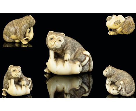 Japanese - 19th Century Superb Quality and Signed Carved Ivory Netsuke, In The Form of a Mother Cat and Kitten Playing. Signe