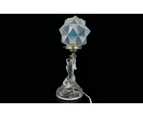 Art Deco Table Lamp Frosted Glass Figural Base Depicting A Semi Clad Maiden. Star Faceted Shade. Height 16 Inches.