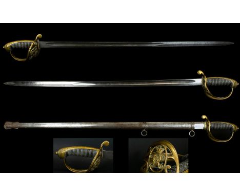 Victorian Infantry Sword. With Metal Scabbard. Brass Basket Hilt. Overall Length 41½ Inches.