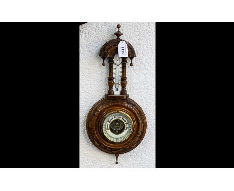 Edwardian Period Well Carved Walnut Banjo Barometer and Thermometer, The Well Shaped Pediment with Enamel Dial Below. 17 Inch