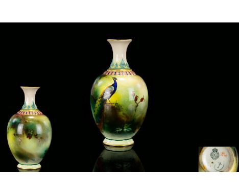 Hadleys Worcester Small Hand Painted Globular Shaped Vase ' Pheasants ' In a Woodland Setting. Date 1907, Full Worcester Mark