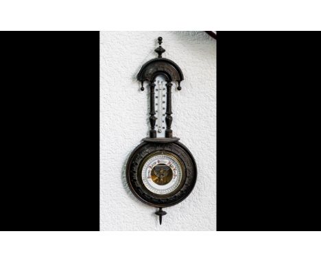 Early 20th Century Well Carved Wooden Wall Hanging Barometer, Combined with Porcelain Thermometer - Please See Photo. 22 Inch