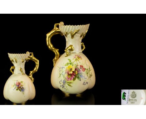 Royal Worcester - Large Hand Painted Floral Blush Ivory Jug, with Painted Gold Naturalistic Handle - In The Form of a Twig. D