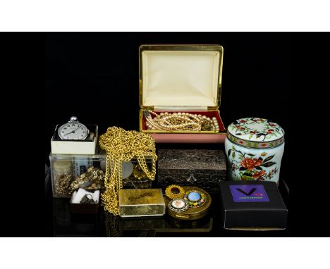 A Quantity Of Mixed Costume Jewellery And Watches To include several vintage watches, brooches, pendants, yellow metal chains