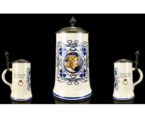 Antique German Beer Stein By Merkelback & Wick Hohr-Grenzhausen Ceramic stein circa 1900, printed and impressed marks to unde