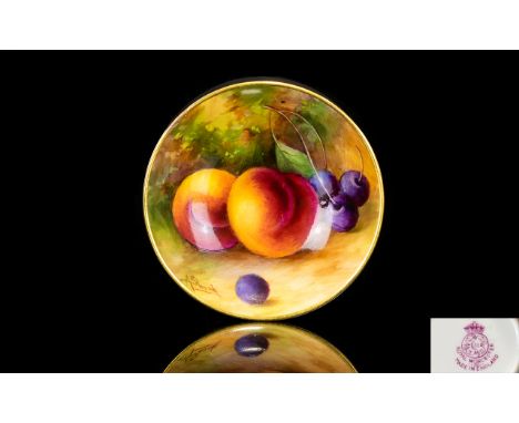 Royal Worcester Hand Painted and Signed Miniature Saucer ' Apples and Berries ' Stillife. Signed A. Shuck. Dated 1936, 2.75 I