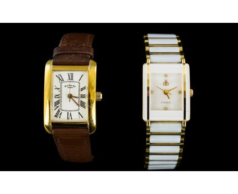 Two Vintage Dress Watches Ladies slim square face Rotary dress watch with Roman numerals and brown leather strap. Along with 