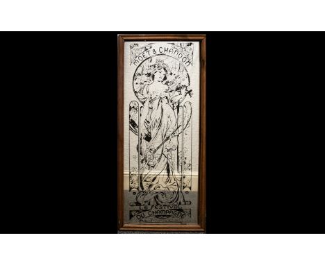 A Vintage Reproduction Art Nouveau Advertising Mirror 1970's/80's rectangular mirror in plain wood frame, the glass printed i