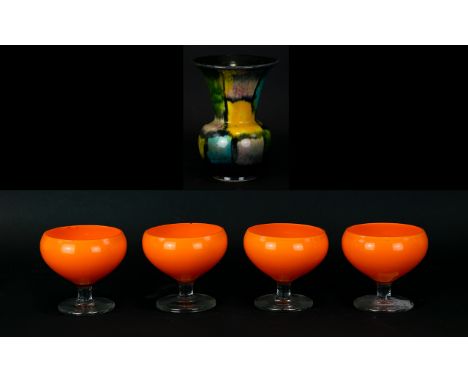 Set of ( 4 ) Retro Opaque Orange Glasses. Height Approx 3.5 Inches, A/F + Small Poole Style Vase. Height Approx 6 Inches. ( 5