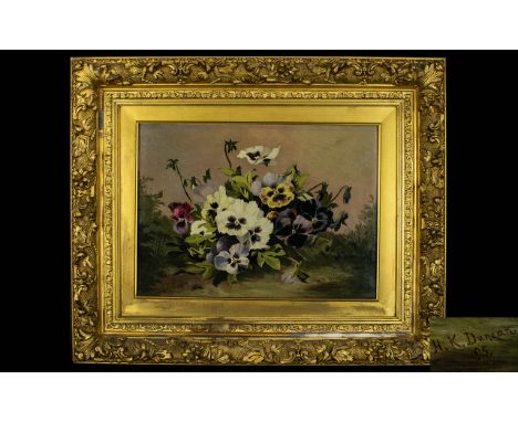 H. K. Duncan - 19th / 20th Century British Artist - Stillife ' Pansies ' Mixed Colours Oil on Canvas. Signed and Dated 1895. 