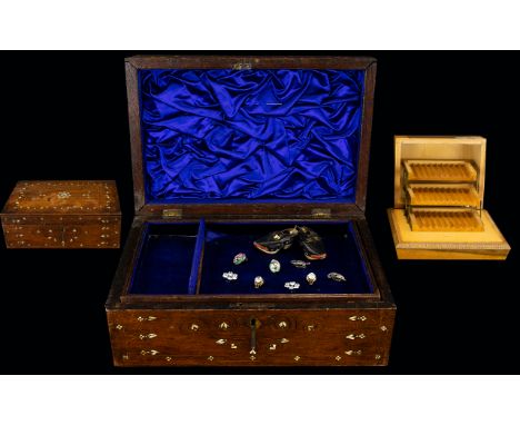 Early 20th Century Inlaid Wood Workbox A large rectangular fruitwood sewing box with bone inlay and scroll/foliate design to 