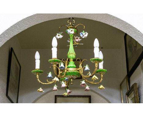 Continental Vintage Five Arm Brass And Ceramic Floral Chandelier A large chandelier with original central brass acanthus leaf
