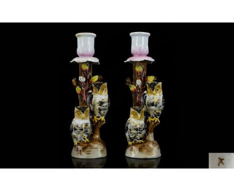 German Mid 19th Century Attractive and Novelty Pair of Hand Painted - Porcelain Figural Ceramic Candlesticks, Each In The For