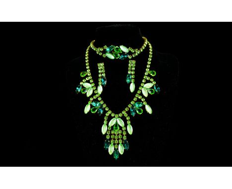 Lilien Czech Vintage Crystal Set Jewellery Suite Three piece green rhinestone set jewellery collection circa 1960's. Comprise
