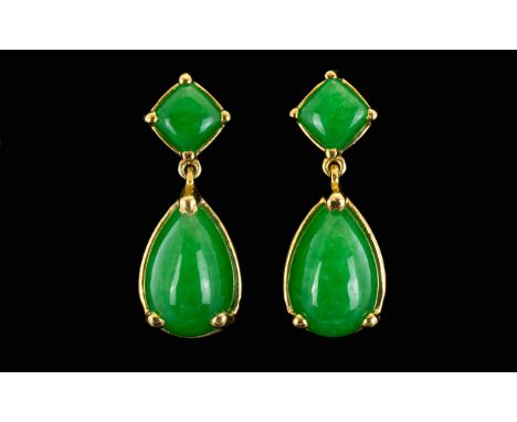 Green Jade Drop Earrings, each earring comprising a pear cut Chinese green jade drop suspended below a similar square cut, se
