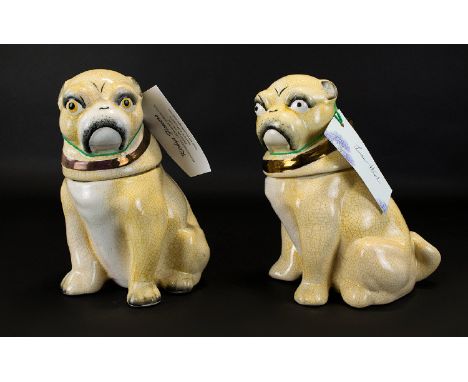 A Late 19th Century Quality Ceramic Pair Of German Pug Dog Figurative Jars Comprising removable heads each with yellow and br