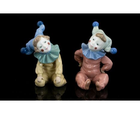 Nao by Lladro ( 2 ) Clowns, Comprising 1/ Jester Clown Jingles 1065 Figurine. Approx 5.5 Inches High, Nao Stamps to Base. 2/ 