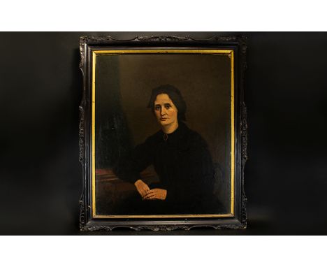 A 19th Century Oil On Board Mourning Portrait Large scale portrait circa 1850, depicting female subject/widow in second mourn