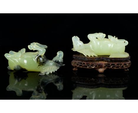 Chinese - Early 20th Century Pair of Hand Carved - Natural Celadon Jade Horse Figure / Sculptors, One Figure Supported on a B