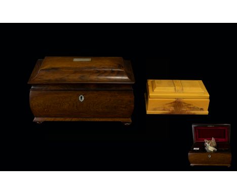 A Regency Rosewood Tea Caddy Hinged sarcophagus top with convex body on pad feet, silk lined top with two hinged compartments