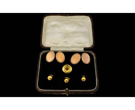 Art Deco Period - Boxed 9ct Gold Pair of Gents Oval Shaped Cufflinks with Matched 9ct Gold Studs ( 4 ) The Pair of Cufflinks 