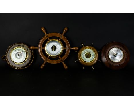 A Good Collection of Small Circular - Nice Quality Wooden Aneroid Wall Hanging Barometers, Various Makes ( 4 ) In Total. 1/ S