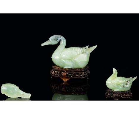 Chinese Pair of Hand Carved Early 20th Century Natural Celadon Jade Mandarin Duck Figures / Sculptures. Each Raised on a Fine