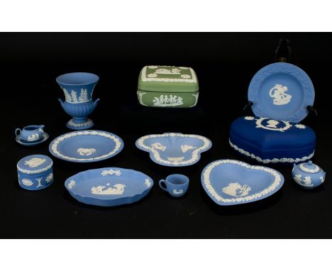 Collection of Wedgwood Blue Jasper Ware (12) pieces in total. Includes trinket dishes, small urn, 