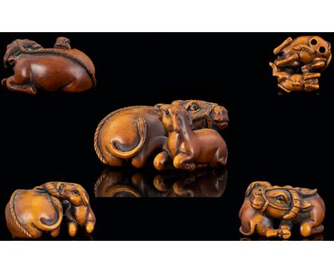 Japanese 19th Century Nice Quality - Signed Carved Boxwood Netsuke, Depicting a Buffalo and Baby. c. Meiji Period. 1.75 Inche