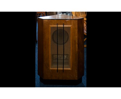 Art Deco Speaker of Typical form. Corner speaker with scale mesh to front and black geometric stripe decoration to central fr