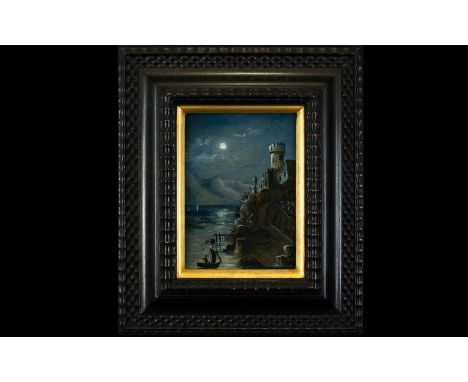 Antique Oil On Board In Ebonised Frame Depicts a a naively rendered seascape and castle by moonlight, the whole housed in dec
