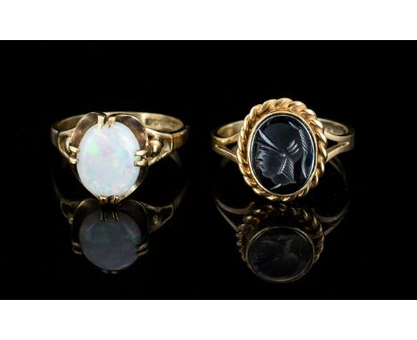 Ladies 9ct Gold Stone Set Dress Rings ( 2 ) Two In Total. Comprises 1/ Opal Set Ring. Ring Size - K. 2/ Seal Dress Ring In Ni