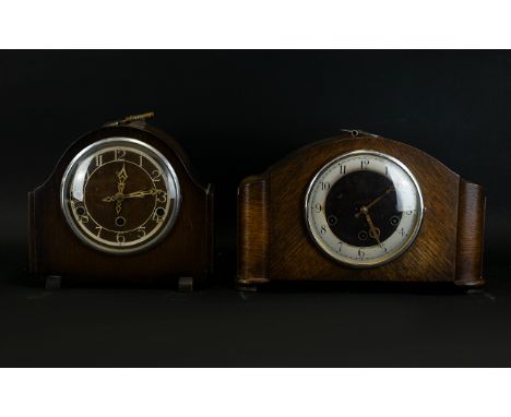 A 1930's Silent Chime Mantle Clock By Smiths Of Enfield Small wood cased clock of typical form with silver tone glazed dial, 