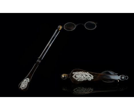 Regency - Superb Quality Tortoiseshell and Silver Lorgnette with Folding Spring Action Overlaid with Silver Decoration. Wonde