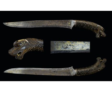 Superb 19th Century Mughal Dagger with Carved Horn Animal Head Hilt, with Finely Watered Steel Blade with Tapering Point Inla