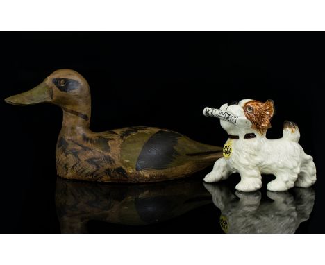 A Hard Wooden Decoy Duck Some issues with condition, please see accompanying image, approx 12 inches long. Also, a small cera