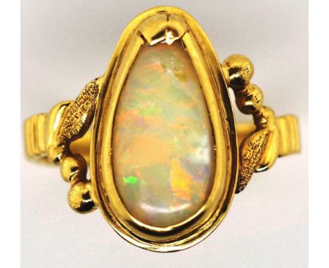 18ct gold & white opal ring bezel set white opal drop cabochon. Marked 18k approx 4.5 grams total weight, size N