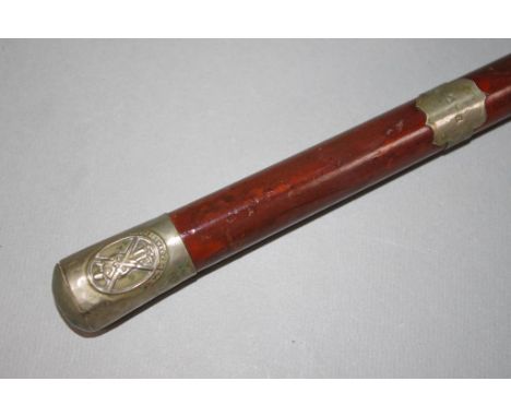 Vintage 'Royal Scots' walking cane with silver plated handle, and shield (monogrammed). Length 85cm approx.