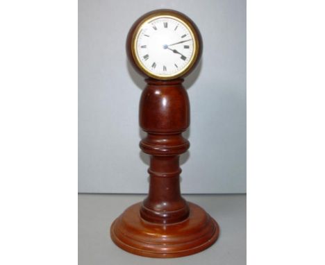 Vintage French mantle column clock on wood turned column, to circular base. Key available. Height 38cm approx.