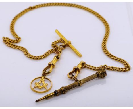 George V 9ct gold Albert chain t-bar and charms marked 1930 Birmingham WJS. Australian Masonic charm 9ct  approx total weight