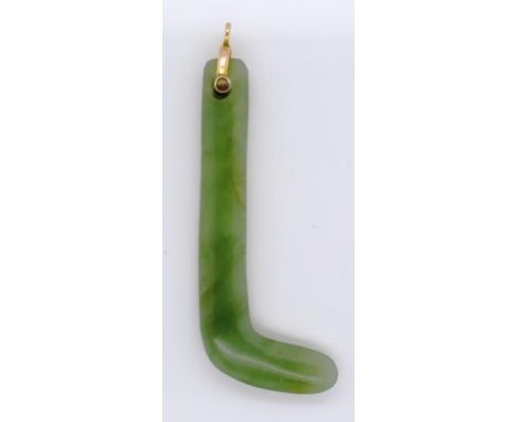 Carved New Zealand green stone pendant hand carved L shape with a gold swivel fitting. nephrite jade size 60 mm high. Showing