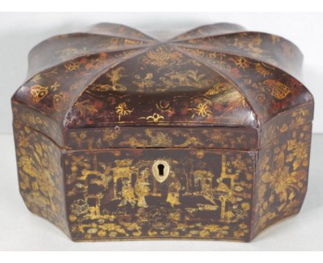 Regency pumpkin shape chinoiserie caddy, lacquered & gold painted, c1820, 22cm x 17cm, 13cm high approx.