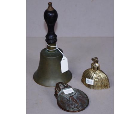 Vintage brass school hand bell with ebonised handle, (height 17cm approx.); together with a crinoline lady form bell; and a G