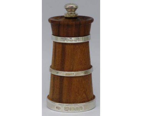 Sterling silver and wood pepper grinder of tapered spun butter churn form. With sterling silver "coopered" banding. Stainless